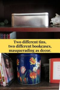 Hidden storage in decorative tins on living room bookcases.
